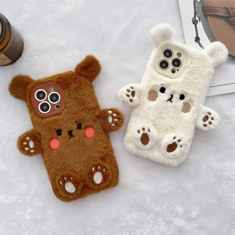 Phone Cases Iphone 13 - 韓国の3D漫画風クマのふわふわぬいぐるみカップル携帯ケース iPhone 17 Air 16 15